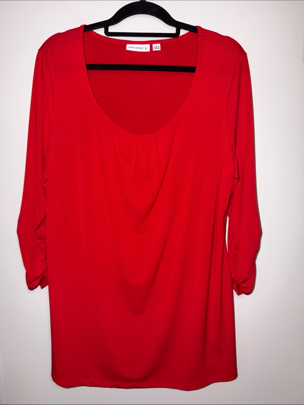 Susan Graver Red Scoop-Neck Long Sleeve Top